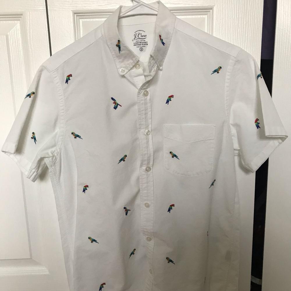 J Crew White Oxford Parrot Design Size Small